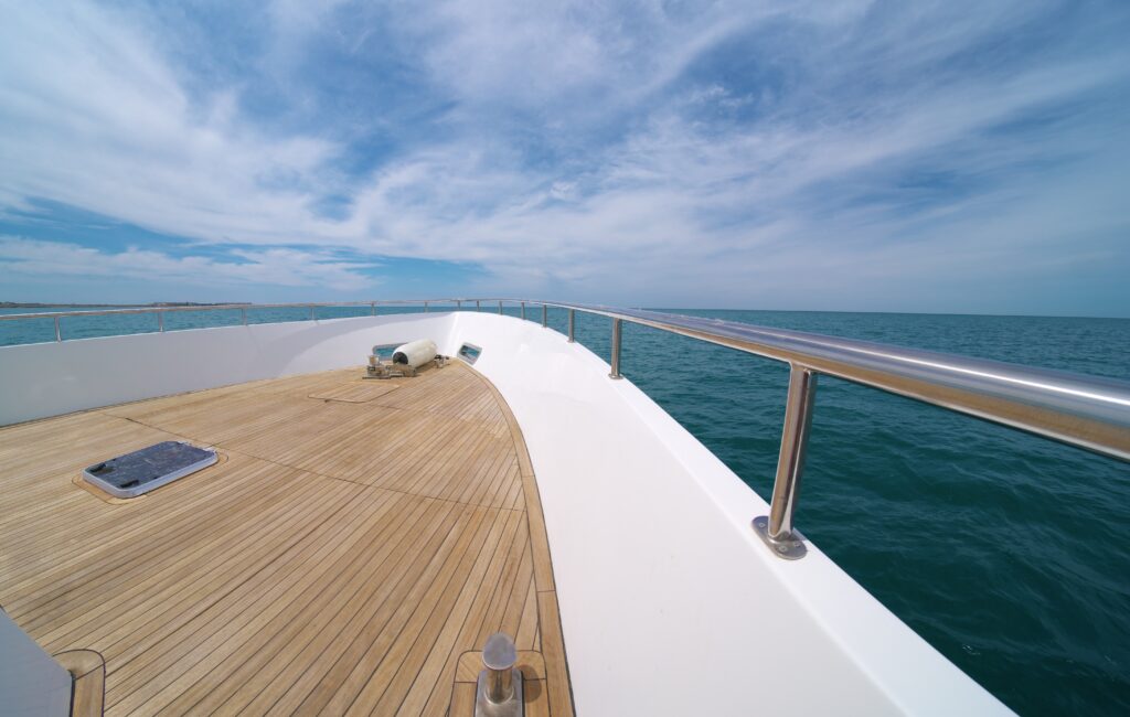 Yacht,Panorama,On,Deck.,Calm,Sea,Water,At,Day.,Modern